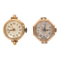 Five 9ct gold manual wind wristwatches, one on a 9ct rose gold expanding bracelet and an 18ct gold manual wind wristwatch, on brown leather strap