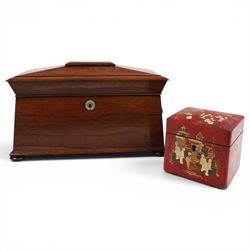 19th century tea caddy, of sarcophagus form, the lid opening to reveal fitted interior, to...