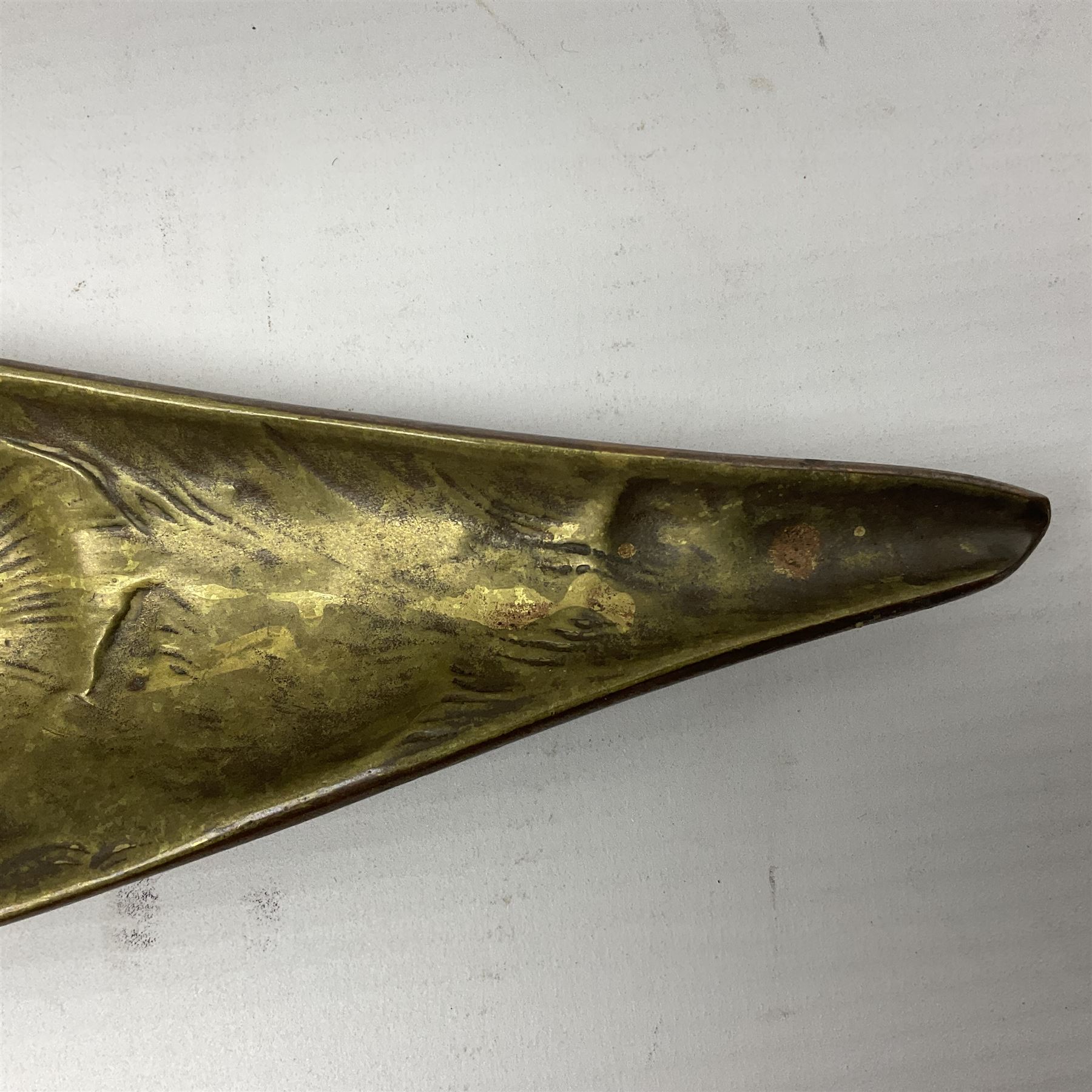 Bergman Art Nouveau bronze dish, of naturalistic shell form upon four shell feet, the centre decorated in relief with a mermaid amongst fish and sea horses, with Bergman mark and impressed Geschutzt 5070 beneath, L36cm