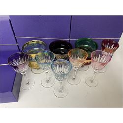 Set of six hock glasses with coloured bowls, together with set of six footed glass bowls of various colours, and large quantity of boxed Edinburgh Crystal glass ware