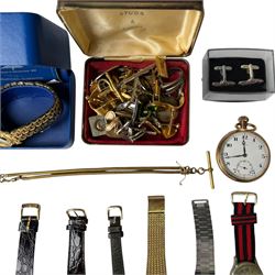 Collection of watches and cufflinks including continental silver pocket watch, gold plated pocket watch, boxed Rotary wristwatch, etc