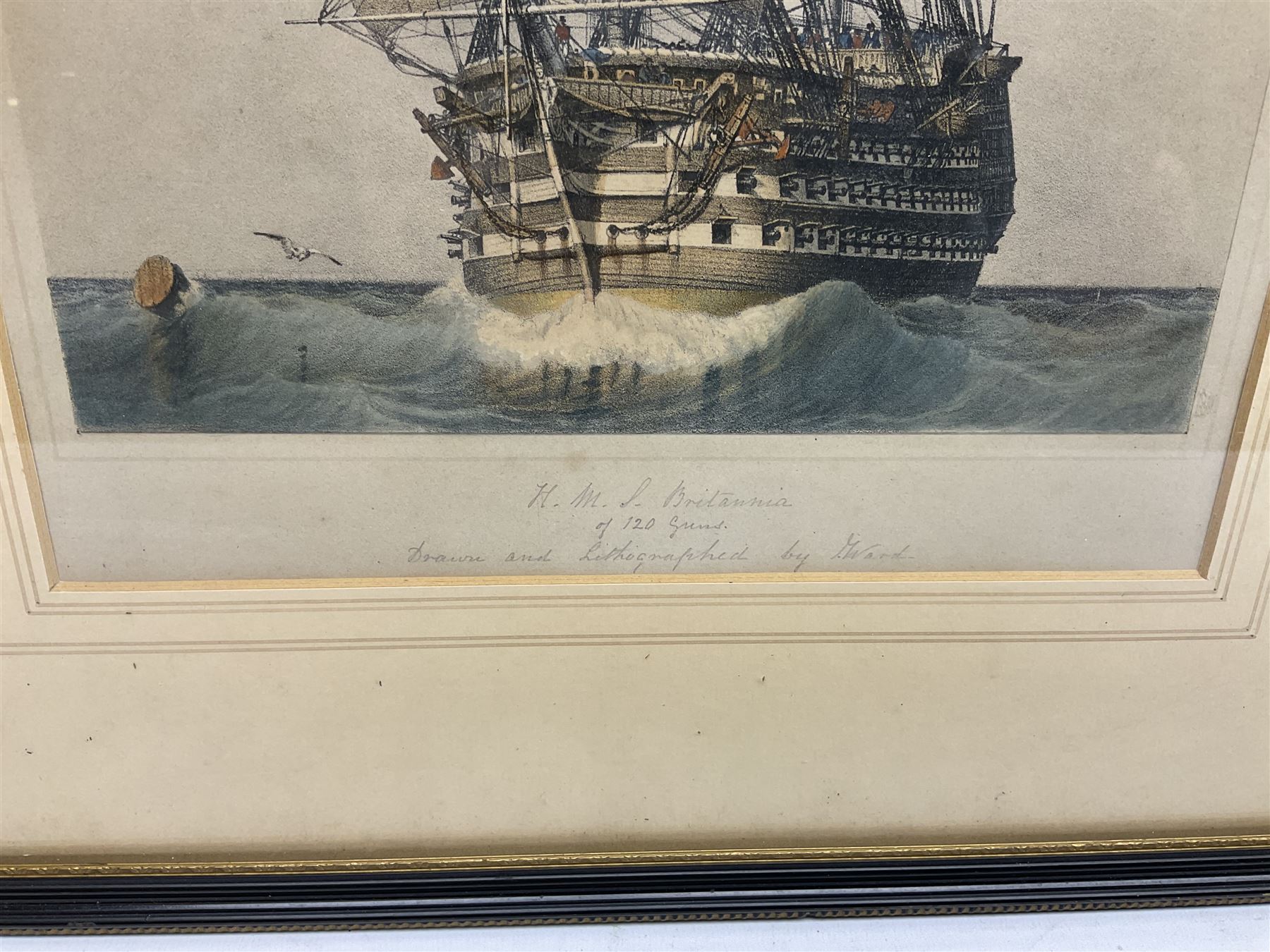 By and after John Ward of Hull (British 1798-1849): 'H M S Britannia of 120 Guns', pair lithographs with hand-colouring signed and titled in pencil 38cm x 25cm (2)