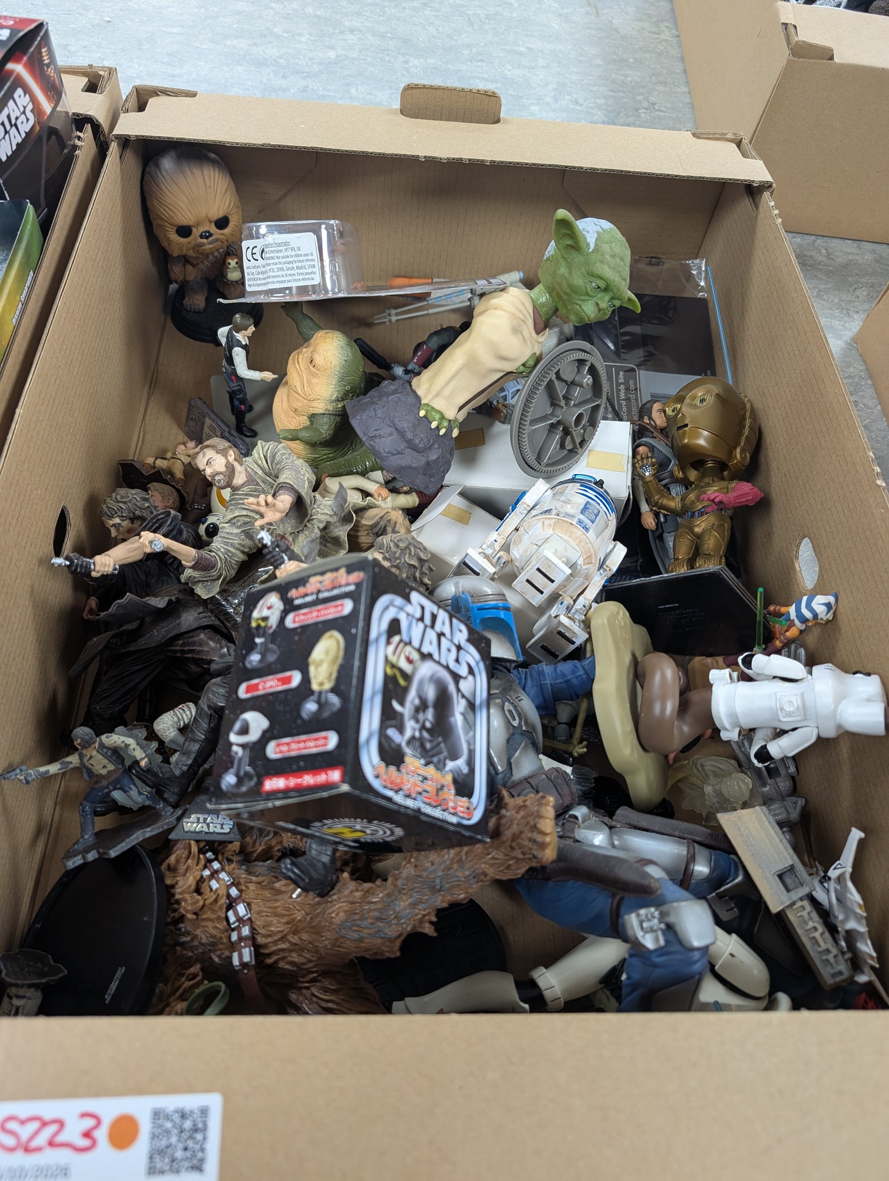 Large collection of Star Wars figures, including bobble heads, Disney busts, Funko etc, together with a collection of loose empty boxes in five boxes