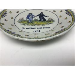 Four French Faience plates, comprising Je suis las de le porter, Le malheur nous reunit, Je desire y arriver and Eveque de Meaux, D24cm  