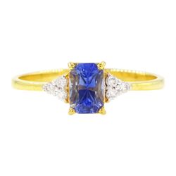 14ct gold Ceylon sapphire and diamond ring, single radiant cut sapphire of approx 0.75 car...