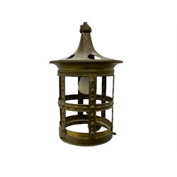 Early 20th century Arts & Crafts bras hall lantern, of cylindrical form with heart shaped piercing to the tapering cover, H41cm