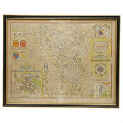 John Speed (British 1552-1629): 'Anno Darbieshire described', 17th century engraved map with hand-colouring of Derbyshire with inset plans of Derby and Buxton 42cm x 54cm