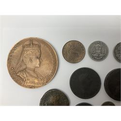 King Edward VII 1902 coronation medallion, Queen Victoria 1887 half penny coin, Germany 1887 and 1904 one mark coins, various other World coins etc