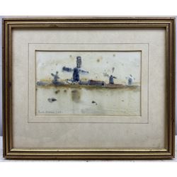William (Fred) Frederick Mayor (Staithes Group 1866-1916): Dutch Windmills, watercolour signed and dated '98, 10cm x 16cm