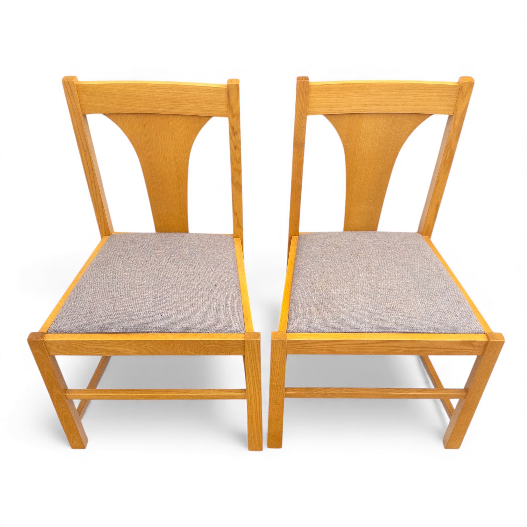 Habitat - contemporary light oak dining table, rectangular veneered top, with mitred border veneer over square section legs, with six beech upholstered chairs in grey fabric, open back with central splat, raised on square section legs, W52xD44xH88cm