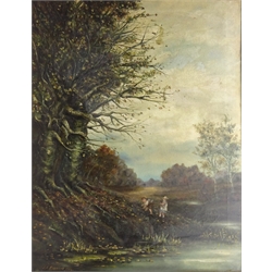  Children Playing by a River, 20th century oil on canvas signed and dated 1924 by J E Atkinson 94.5cm x 73cm  