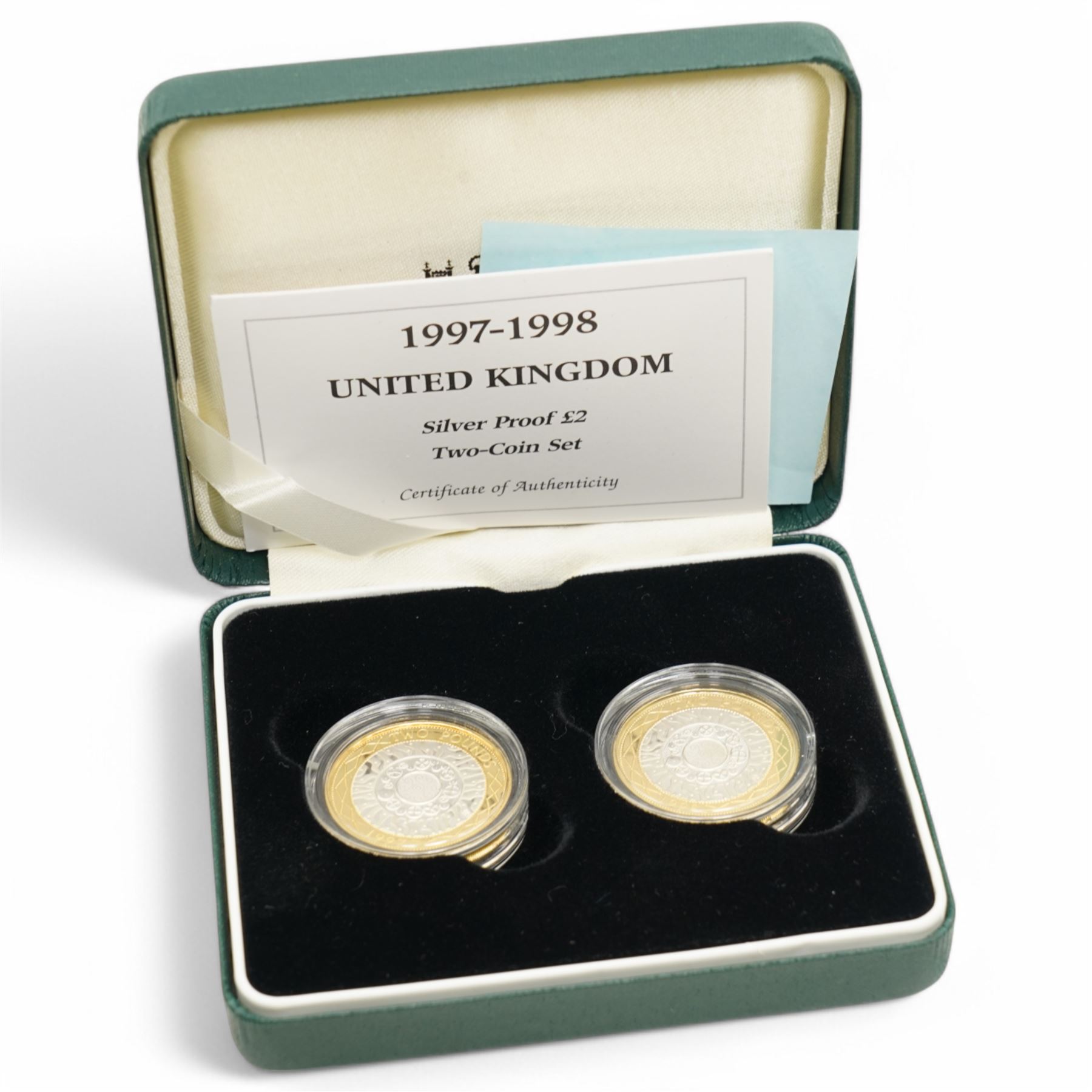 Six The Royal Mint United Kingdom silver proof coins or sets, comprising 1986 'XIII Commonwealth Games', 1997 two pounds, 1997 fifty pence two-coin set, 1997-1998 two pound two-coin set, 2005 '400th Anniversary of the Gunpowder Plot' fifty pence and 2020 'Withdrawal from the European Union' fifty pence, all cased with certificates