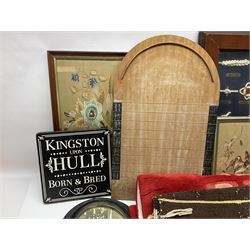 Shove ha'penny board, together with a maritime diorama, small oval mirror, rugs etc