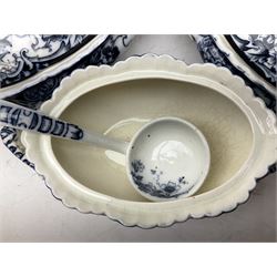 Late Victorian blue and white Chatsworth K Mayers & Co dinner wares, to include four lidded tureens, ladle, nine dinner plates, meat plate etc