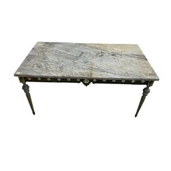 Louis XVI design marble top  coffee table, with metal frame, frieze with circular floral ceramic mounts, raised on fluted tapering supports