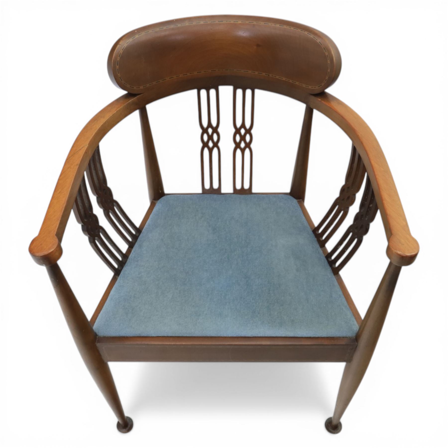 Early 20th century Hepplewhite style mahogany armchair, upholstered shaped back over pierced splat back with linked oval decoration, open arms and upholstered seat, on square tapering supports terminating in pad feet