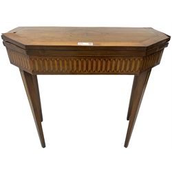 19th century inlaid mahogany card table, rectangular fold-over top with canted front corners, decorated with banded and strung edge with central inlaid fan motif, frieze decorated with geometric inlay, over a single action gate-leg base with square tapering supports