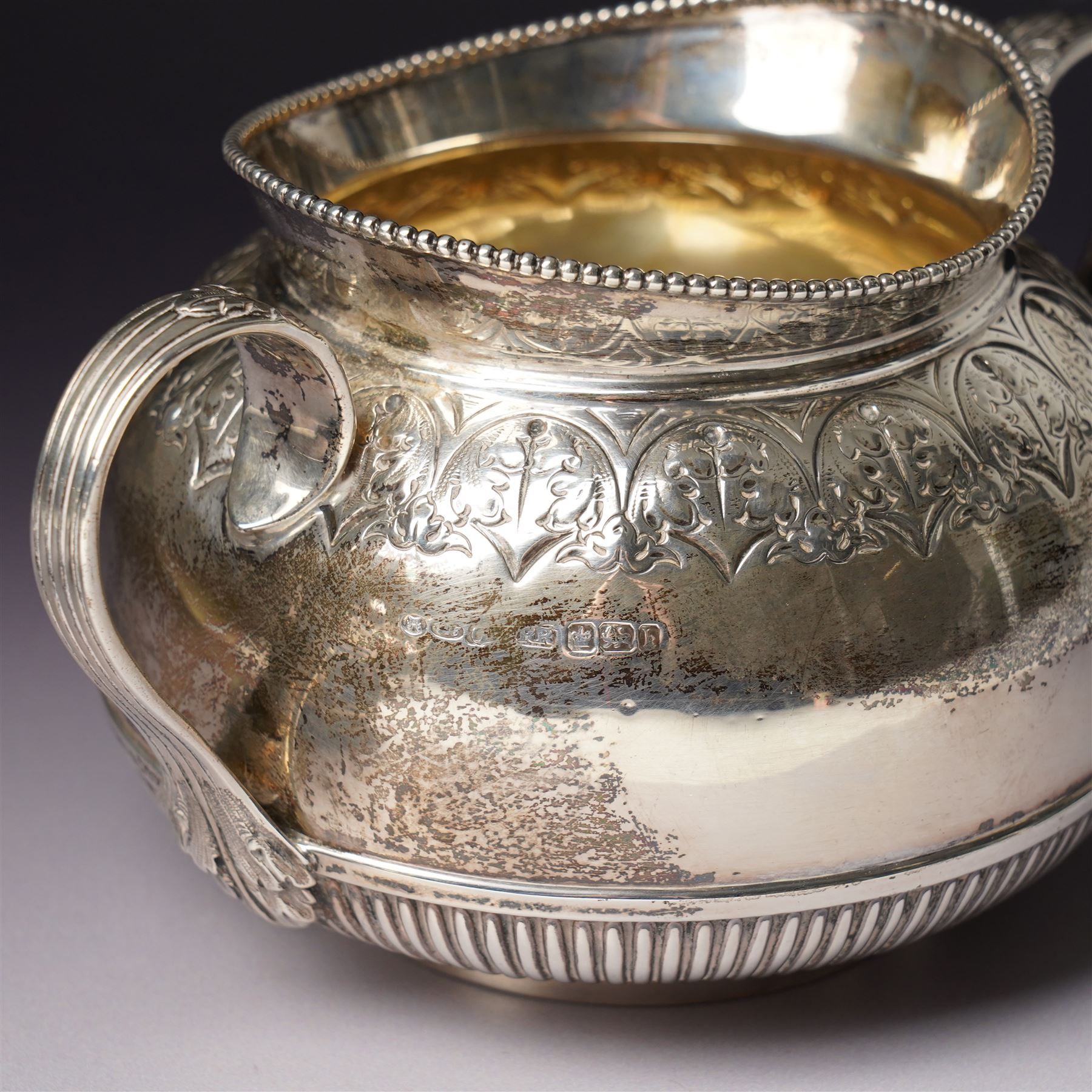 Edwardian silver four piece tea and coffee set with leaf capped handles and foliate banding Sheffield 1902-1905 Maker Richard Richardson