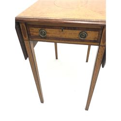 Mid to late 20th century Sheraton style satinwood Pembroke table, the drop leaf top with segmented veneers and central oval panel with ebony stringing, crossbanded in rosewood and with edge moulding, single short drawer to one end and faux drawer to other, square tapering supports
