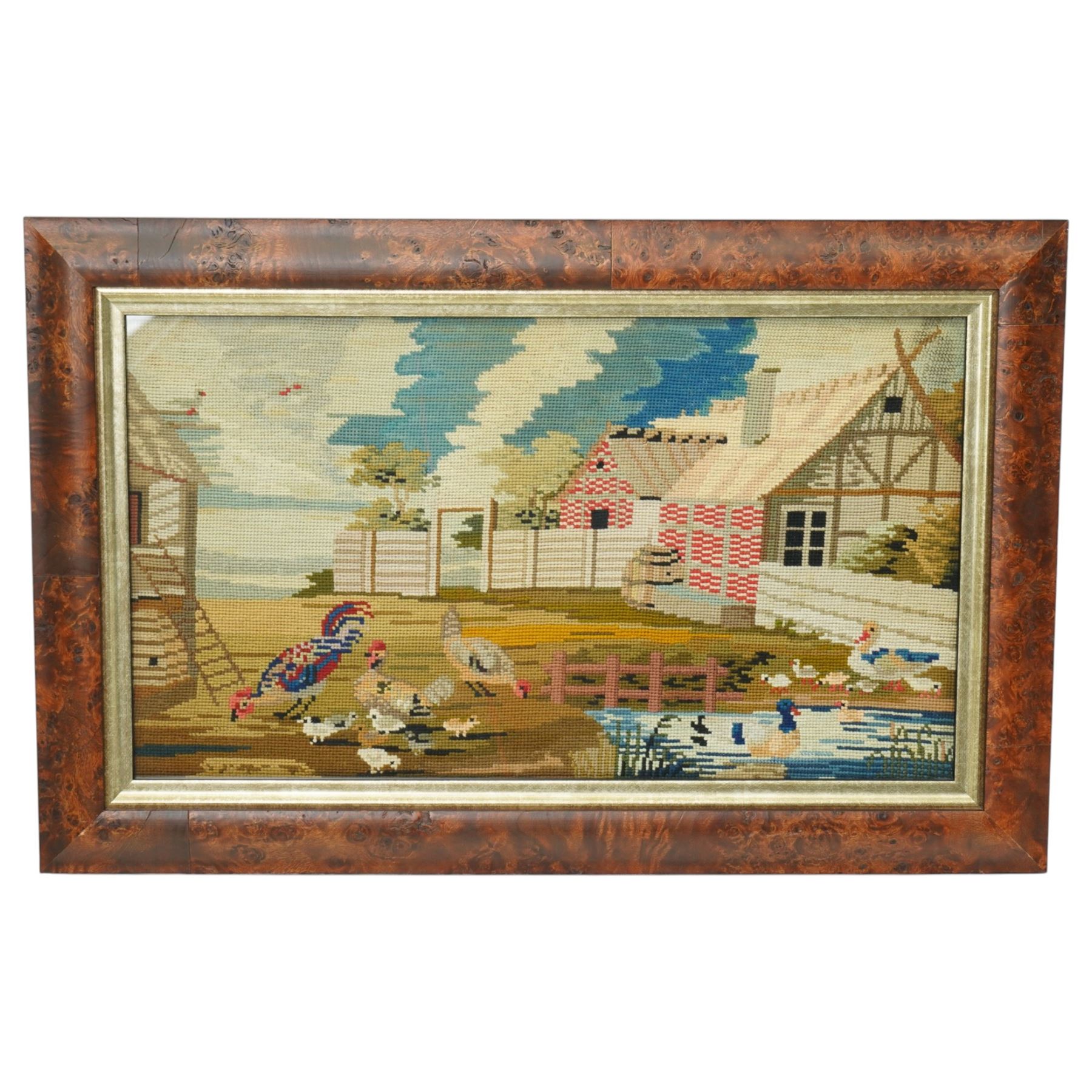  Pair of Victorian needlework pictures of cat and dog 40cm x 41cm and two other needlework pictures (4)