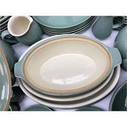 Denby Manor Green pattern part tea and dinner service, to include seven dinner plates, thirteen side plates, ten dessert plates, two oval dishes of various sizes, four cups and saucers, seven bowls with covers, two teapots etc (74)  