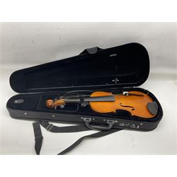 Four student violins - two Chinese three-quarter size with 33.5cm and 34cm two-piece backs; Stringers of Edinburgh quarter size with 28cm two-piece back; and Stentor quarter size with 28cm two-piece back; each in carrying case (4)
