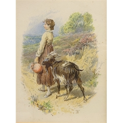 Still Life of Flowers, two early 20th botanical watercolours unsigned, Girl Feeding Cow and Going to the Well, two colour prints after Myles Birket Foster (British 1825-1899) max 28cm x 18cm (4)  