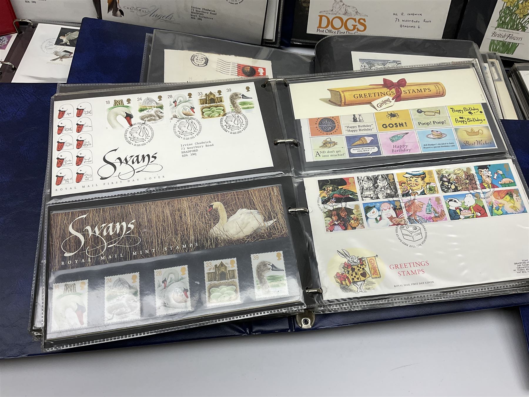 Mostly Great British first day covers, some with special postmarks, from the 1960s to the early 2000s and a small number of Queen Elizabeth II usable postage stamps, housed in eleven ring binder folders