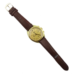 Carrera Heuer gold-plated 1970's chronograph wristwatch, manual wind, model No.73655, on brown leather strap