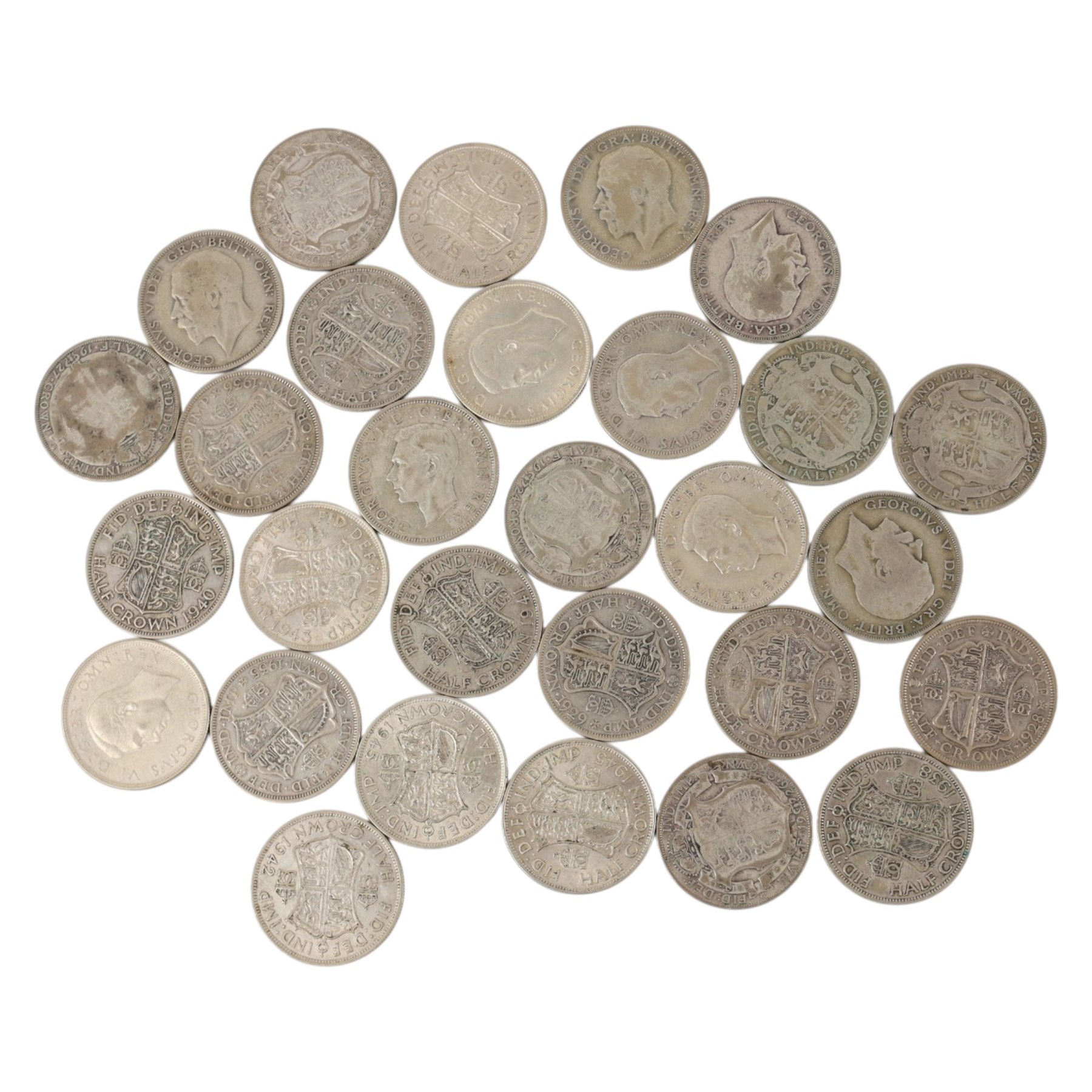 Approximately twenty-eight Great British pre-1947 silver half crown coins