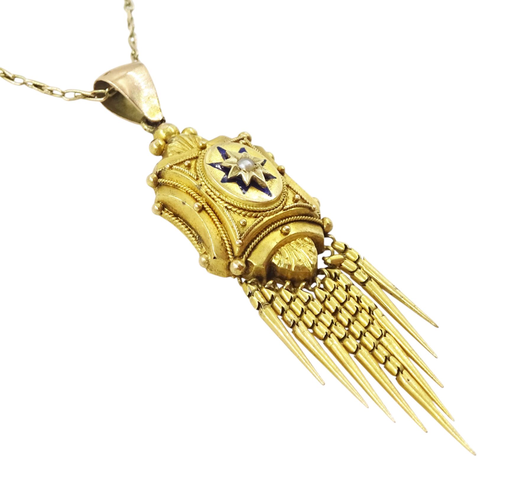 Victorian 18ct gold tassel pendant, applied star set with a single seed pearl and blue enamel surround, within a fancy bead and wirework frame, on a 10ct gold fancy chain link necklace