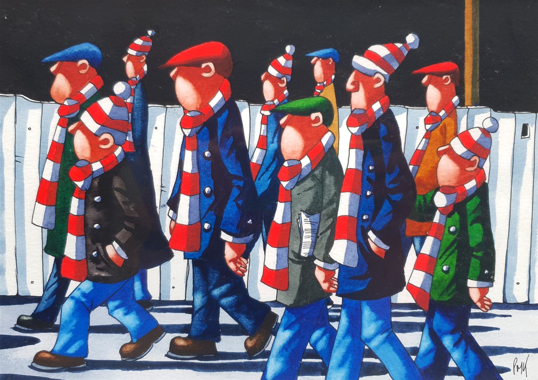 Paul M Kiernan (Northern British Contemporary): 'Soccer Saturday', watercolour and ink signed with initials 19cm x 26cm