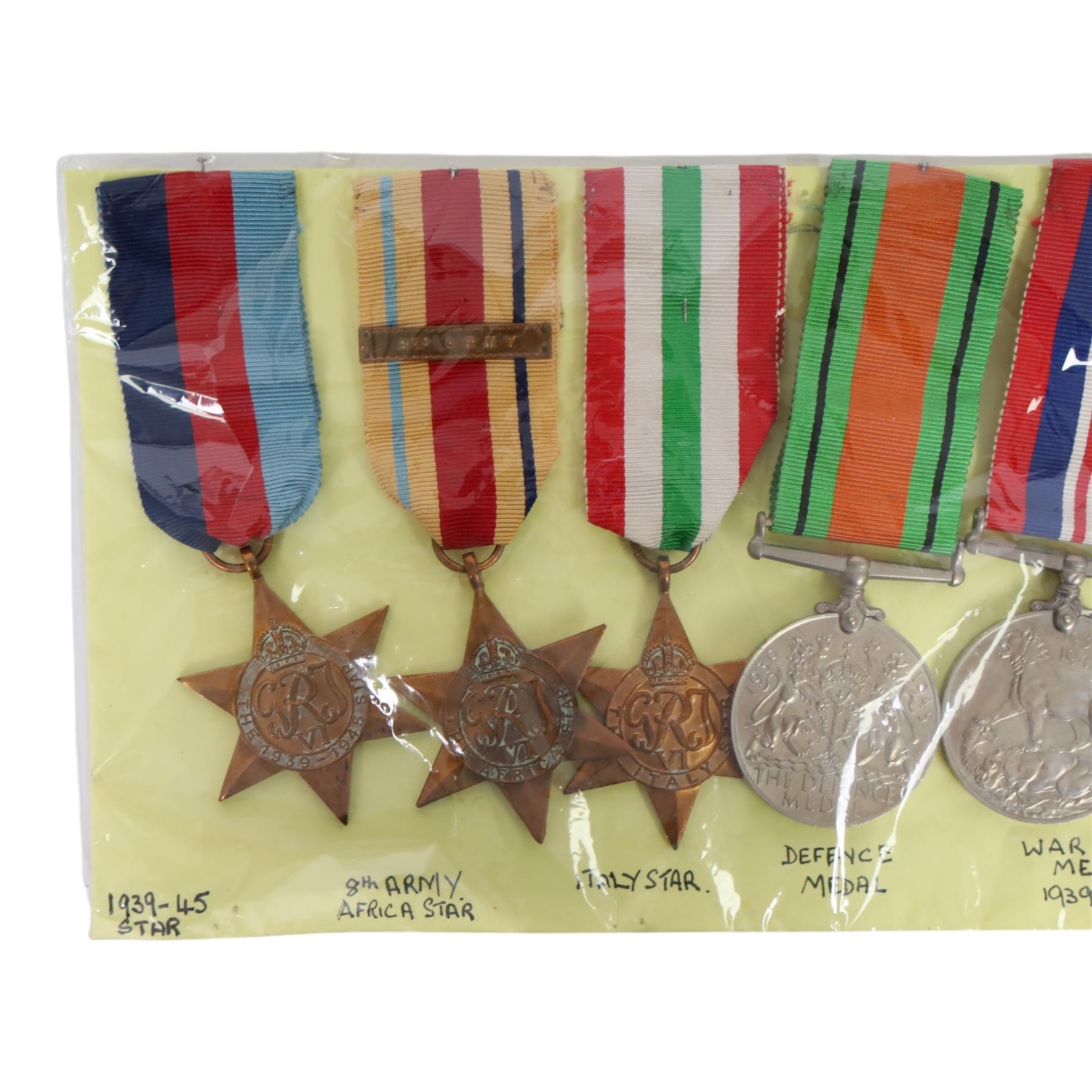 WWII five medal group, comprising 1939-45 Star, 8th Army African Star, Italy Star, Defence Medal and War Medal 