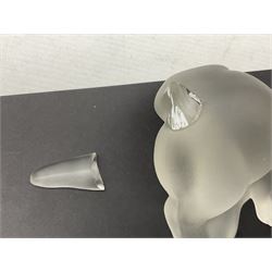 FM Ronneby Sweden large bear paperweight, together two glass penguins, one signed, small Hadeland bear and other glass animals. FM bear H9cm 