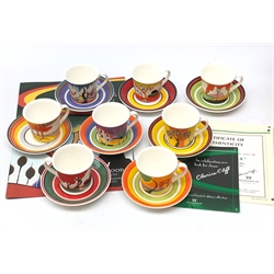  Set of eight Wedgwood Clarice Cliff Cafe Noir coffee cups and saucers comprising Blue Lucerne, Coral Firs, Fantasque Mountain, Windbells, Red Autumn, Garden Blue, Tulip and Monsoon with 3 certificates   