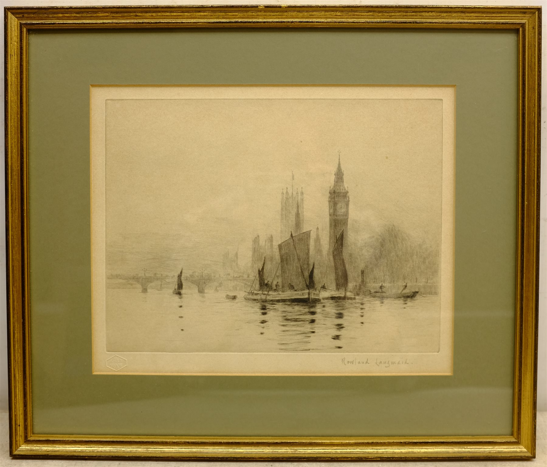 Rowland Langmaid (British 1897-1956): 'Barges on the Thames before Westminster', etching signed in pencil with Academy Proof blindstamp 21cm x 27cm