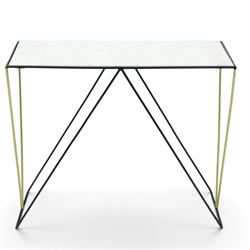 Contemporary marble console table, white marble top with ebonised and gilt metal supports