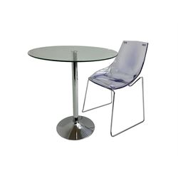 Circular glass top dining or bistro table, together with a perspex dining chair