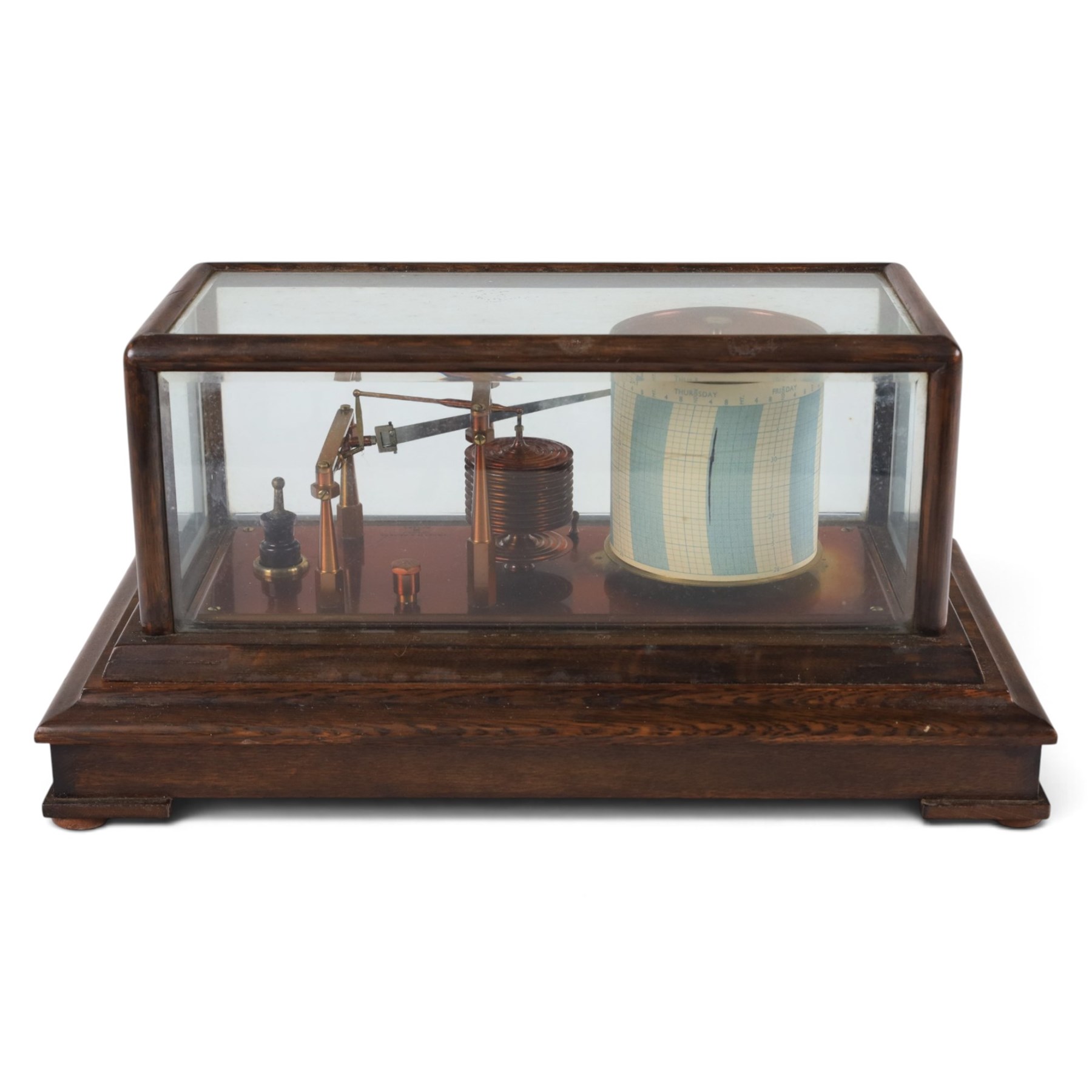 Mid-late 20th century Negretti & Zambra 'Regency' barograph, in oak case with five bevelled glass panels and single drawer beneath, case H20cm, W42cm