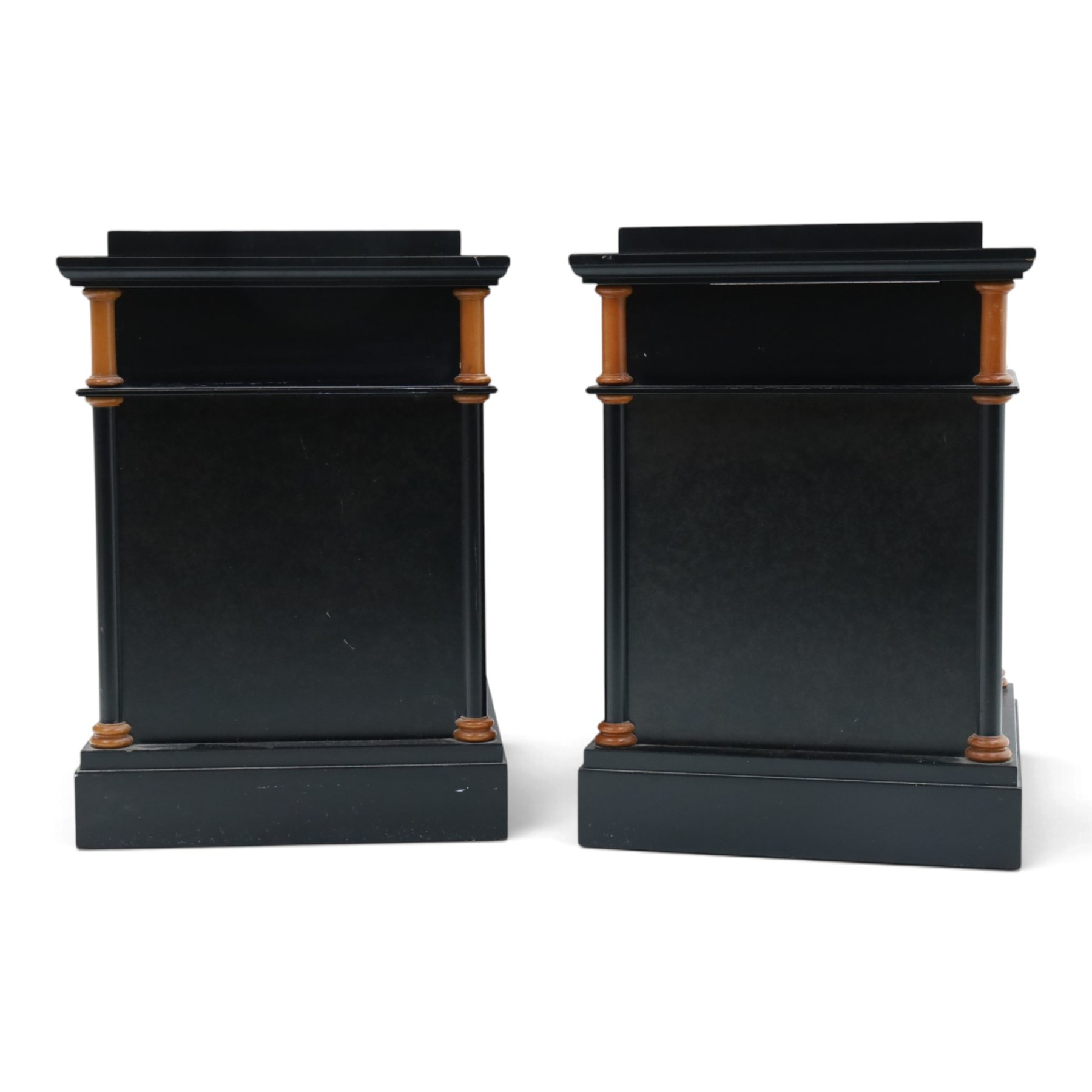Pair of Art Deco design burr walnut and ebonised bedside cabinets, rectangular inset tops with raised rear galleries, each fitted with a drawer above a cupboard, flanked by cylindrical columns, on plinth bases