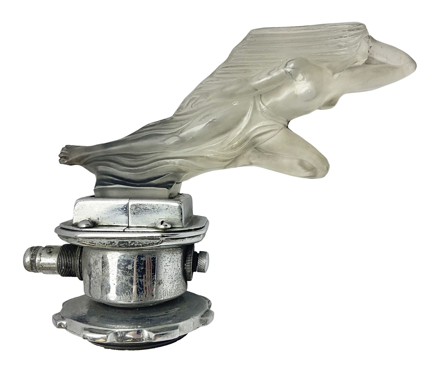 Red Ashay glass car mascot, circa 1929, Acceleration, modelled in frosted Art Deco glass as a nude woman leaping forward, attached to car mounting bracket, L24cm, H18cm 