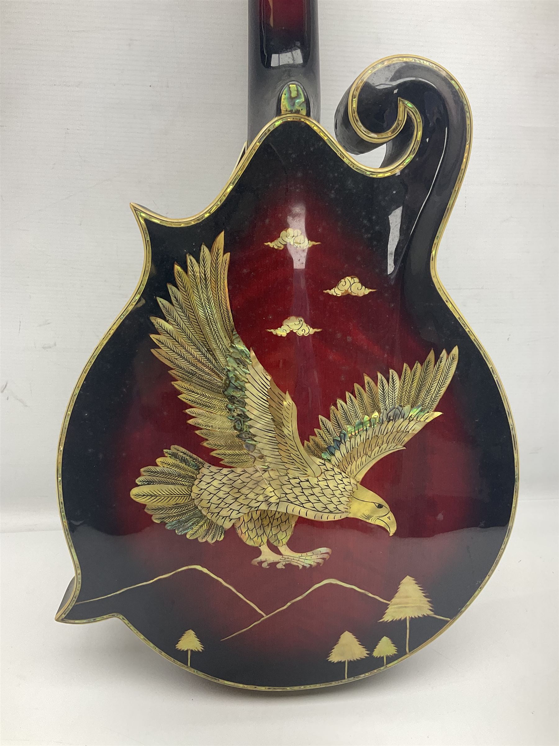 Eastern eight-string mandolin with red sunburst finish and mother-of-pearl inlay of eagles, clouds, trees etc L86cm; in fitted hard carrying case