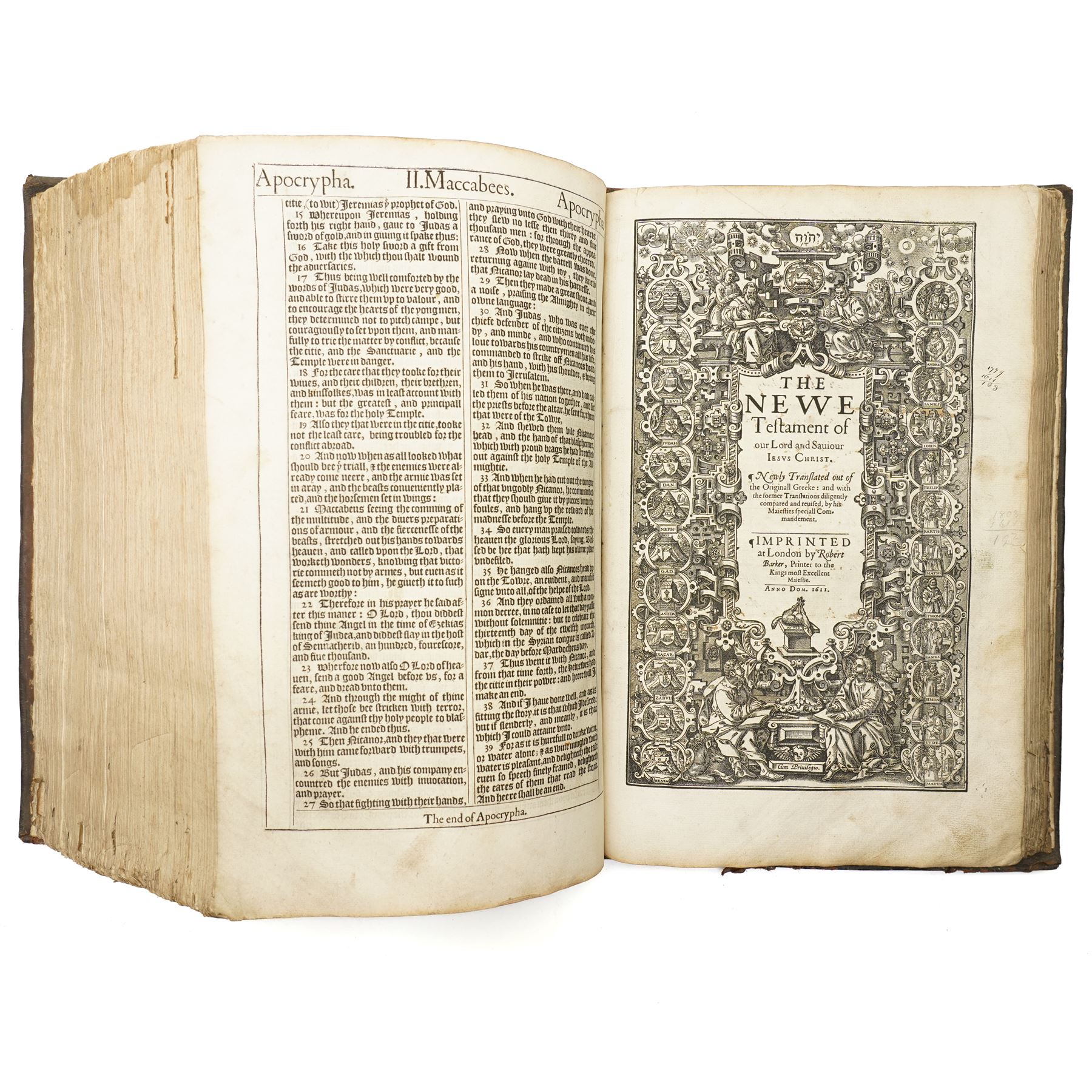 1611 King James Bible: The Great 'He' Bible. 'The Holy Bible Conteyning the Old Testament and the New'. London: Robert Barker, 1611. Folio (44cm × 29cm) Black-letter text in double columns, woodcut initials and ornaments, genealogies of Holy Scripture with engraved Adam and Eve family tree, and the separate engraved title to 'The Newe Testament of our Lord and Saviour Iesus Christ, dated 1611. Bound in full calf with ribbed spine.

First edition, first issue of the King James 'He' Bible, containing the erroneous reading 'and he went into the citie' in Ruth 3:15. Commissioned by King James I and printed by Robert Barker, this monumental translation became the most influential work in the English language, shaping its religious and literary tradition for more than four centuries.