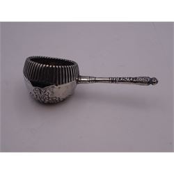 Late 19th century American silver strainer, the bowl of circular part fluted form, with foliate embossed detail, gilt interior with pierced strainer, and foliate detailed handle to side, marked beneath Sterling 925/1000, with makers mark for Foster & Bailey, L11cm, approximate weight 0.86 ozt (26.7 grams)