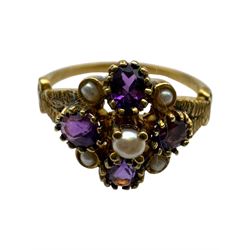 9ct gold amethyst and pearl flower ring, boxed 