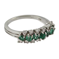 18ct white gold three row emerald and diamond ring, London import marks 1975