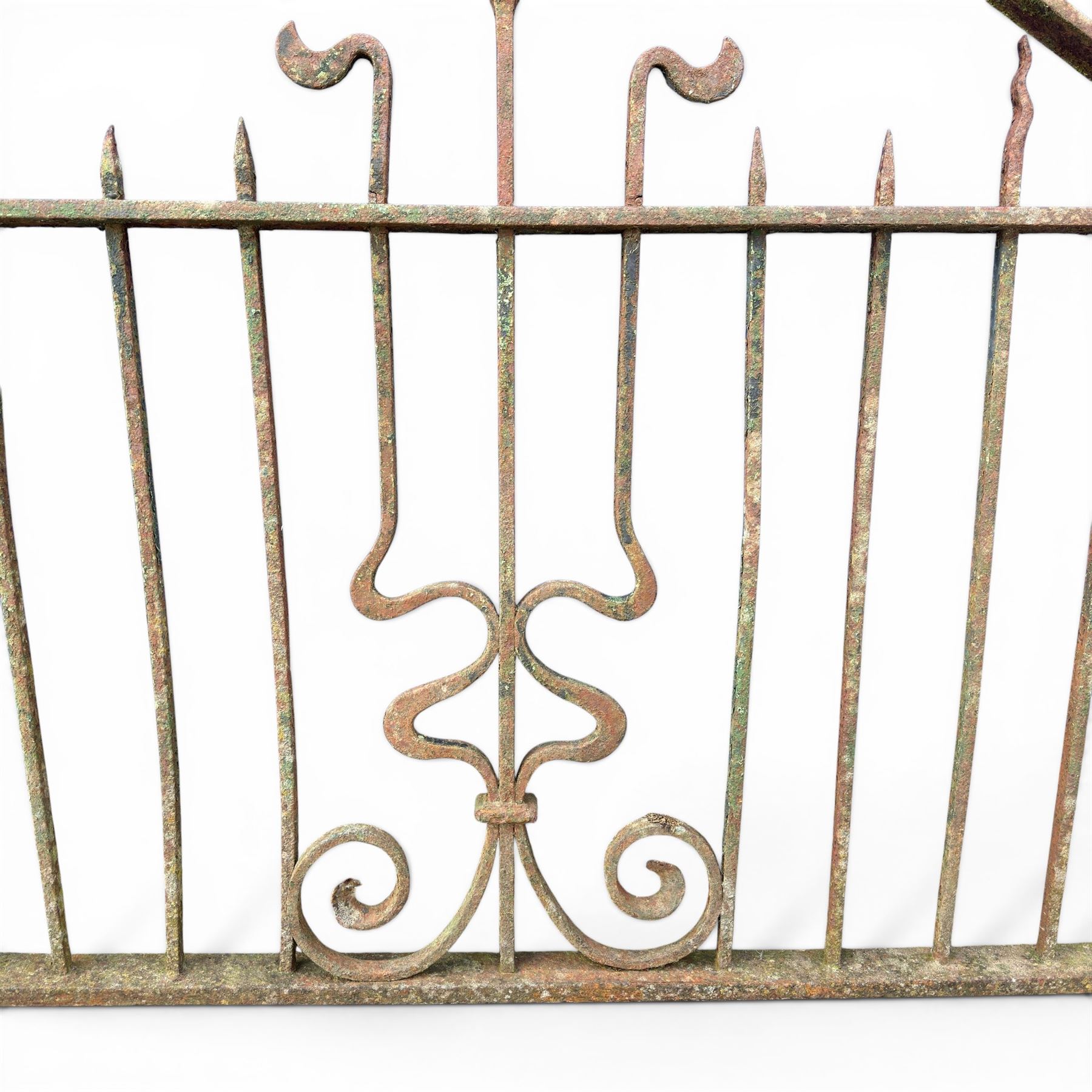 Impressive 19th century 4' wrought iron Country House pedestrian gate, bar form with close rail base, X framed with central crests, scroll and spike top
