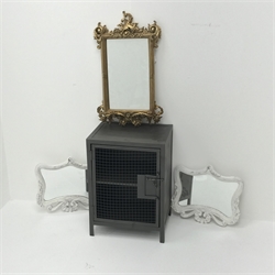  Industrial style metal bedside cabinet, single wire mesh door enclosing shelf (W41cm, H57cm, D32cm), a pair mirrors with white swept frames and a gilt framed mirror (4)  