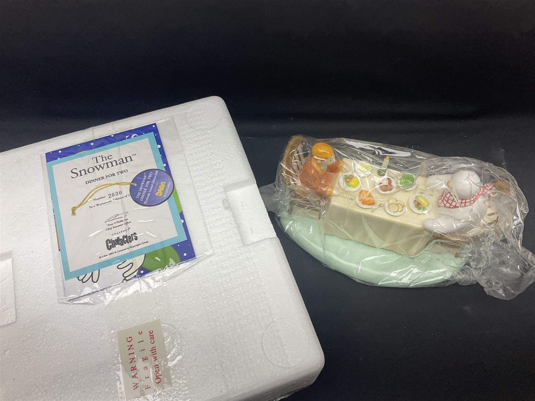 Three Coalport Characters The Snowman figures, comprising Dinner for Two, Off Piste and Winter Fun, all with certificates and original boxes 