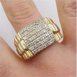 Gold gentleman's signet ring, seven rows of pave set round brilliant cut diamonds and two tone gold stepped shoulders, hallmarked 9ct, total diamond weight 1.02 carat